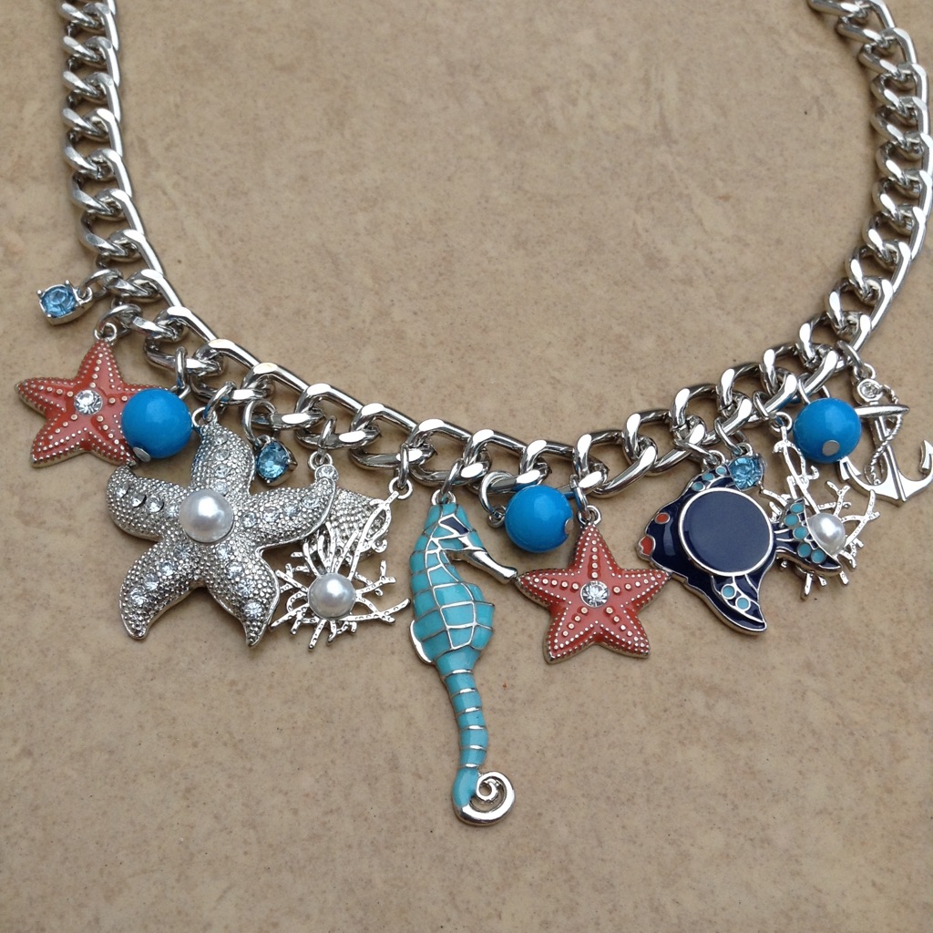 Silver Tone Beach Enamel Charm Link Necklace